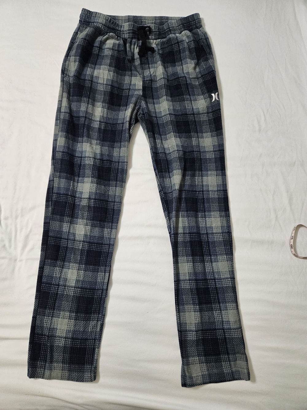 Hurley Navy and Light Gray Plaid Fleece Pants with Drawstring